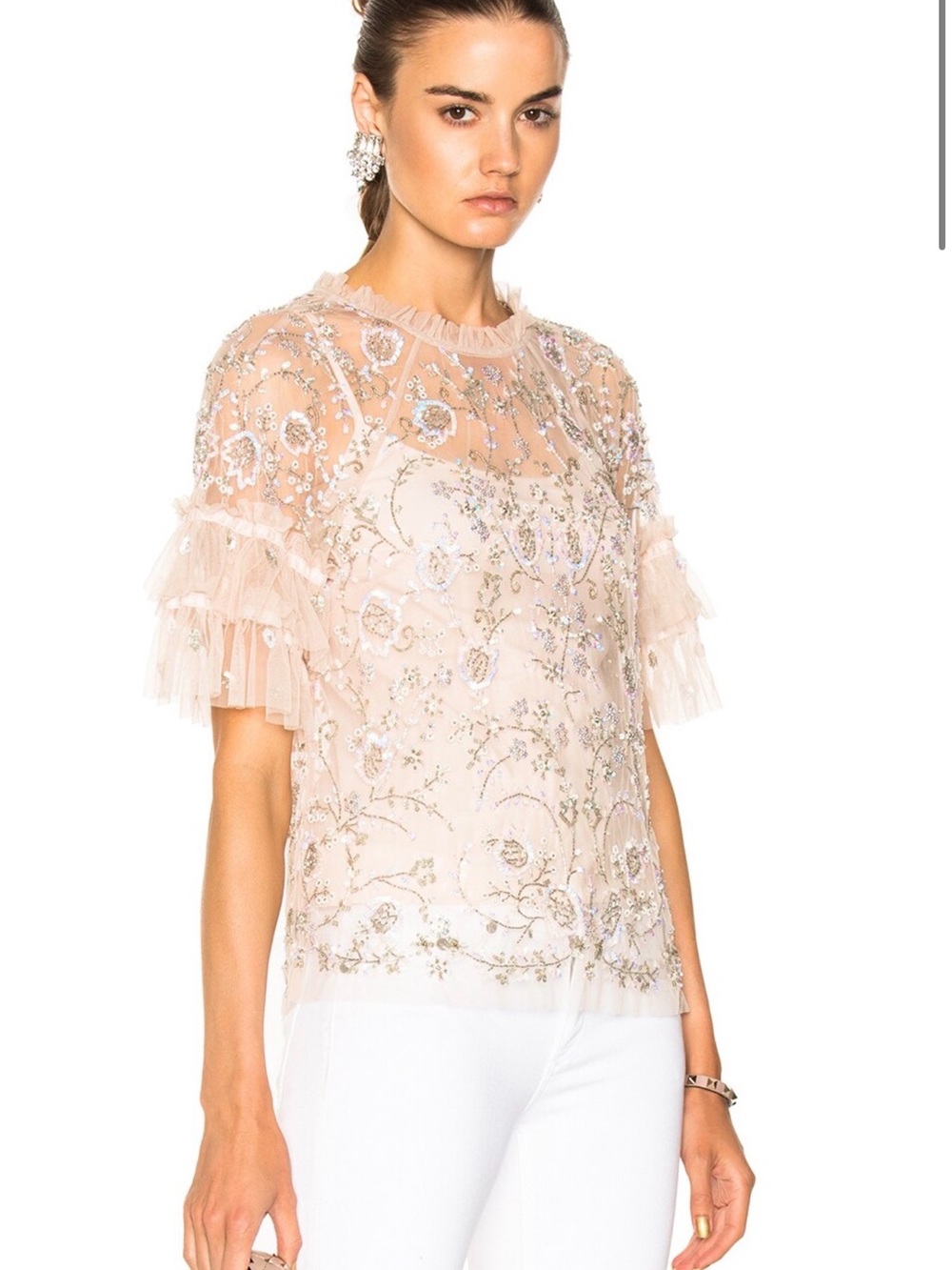 Needle & Thread Blush Beaded Sheer Ruffle Sleeve Top